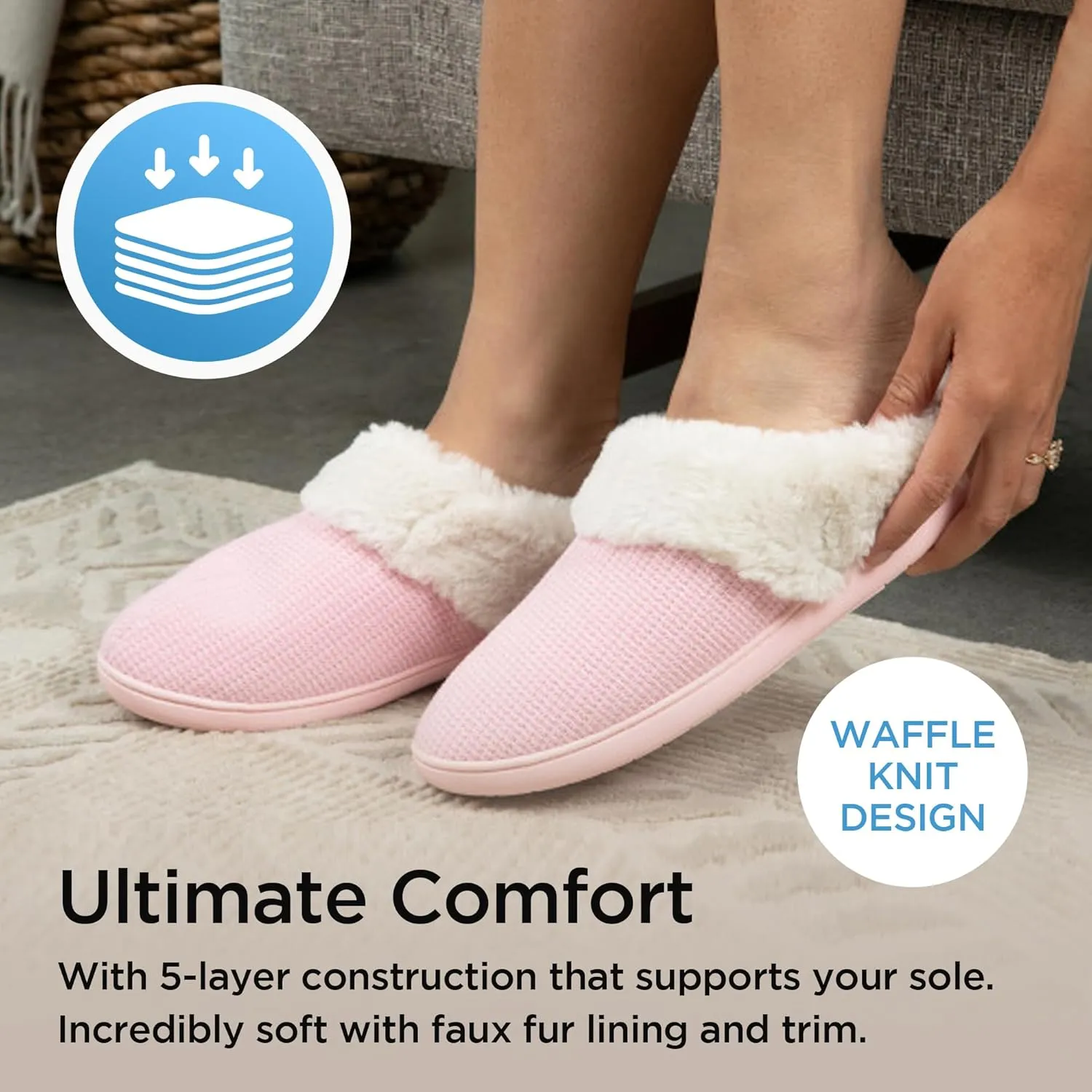 Brookstone Classic Comfort Memory Foam Indoor Slippers - Women's Memory Foam Cozy Slippers - Soft Plush, Non-Slip Sole