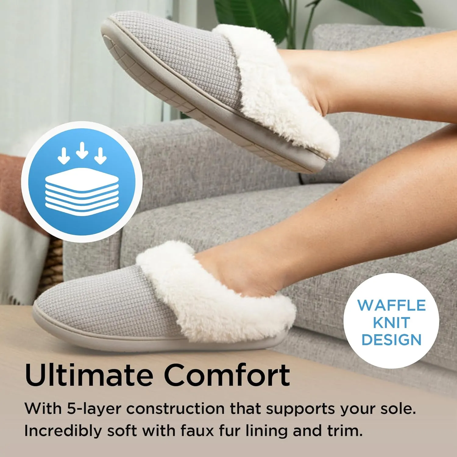 Brookstone Classic Comfort Memory Foam Indoor Slippers - Women's Memory Foam Cozy Slippers - Soft Plush, Non-Slip Sole