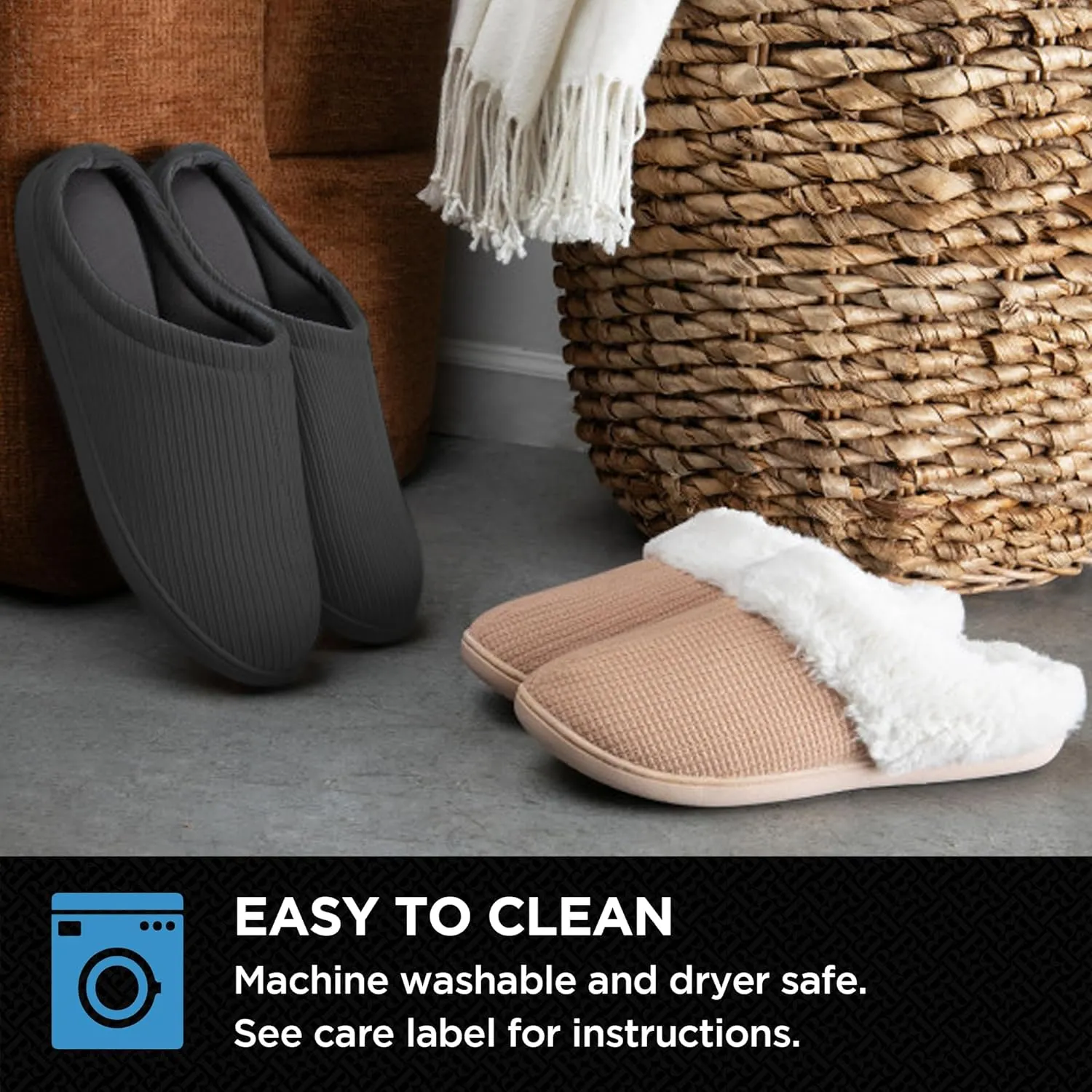Brookstone Classic Comfort Memory Foam Men's Indoor Slippers - Warm & Comfortable, Soft Plush Lining, Non-Slip Sole