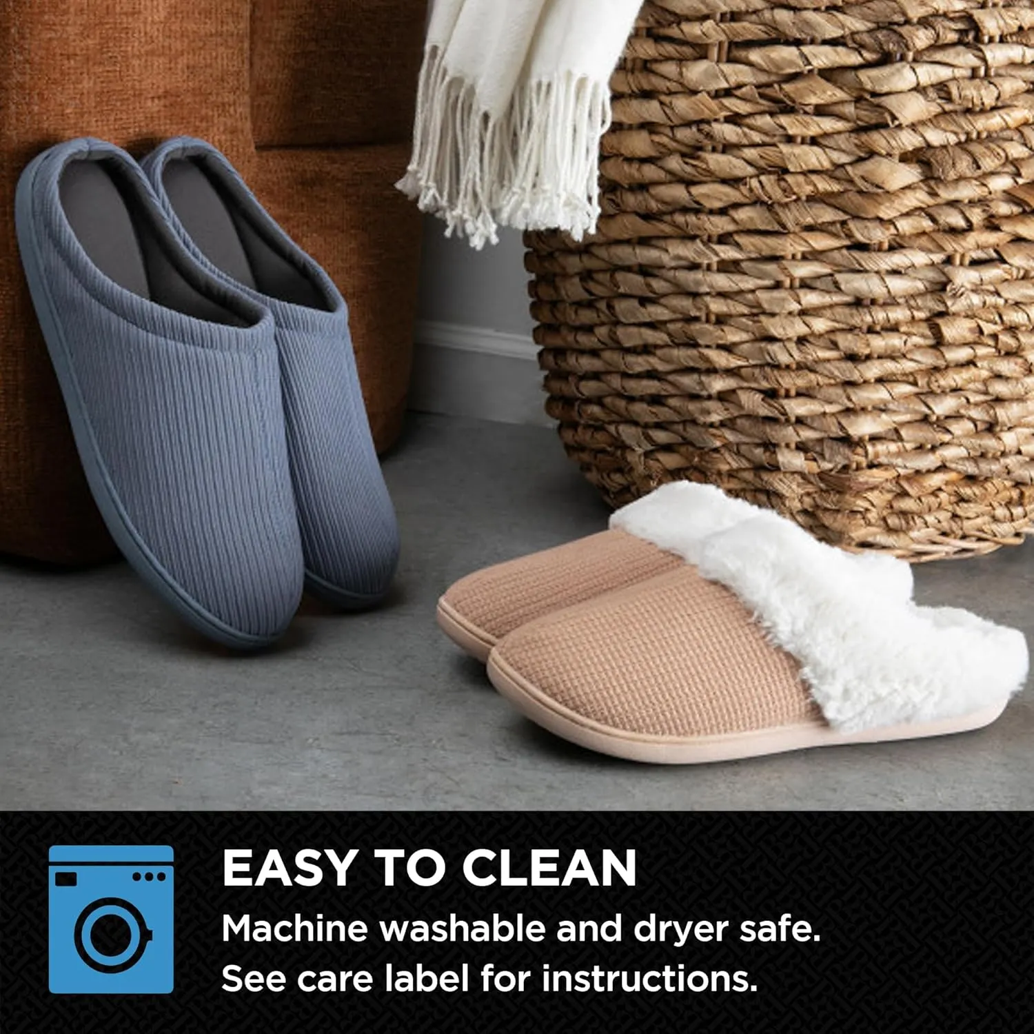 Brookstone Classic Comfort Memory Foam Men's Indoor Slippers - Warm & Comfortable, Soft Plush Lining, Non-Slip Sole