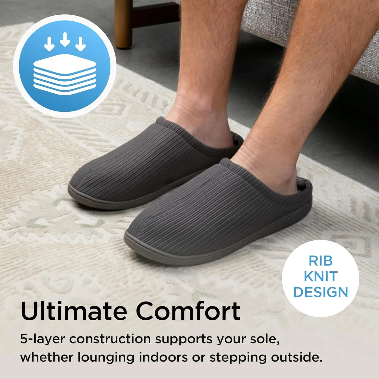Brookstone Classic Comfort Memory Foam Men's Indoor Slippers - Warm & Comfortable, Soft Plush Lining, Non-Slip Sole