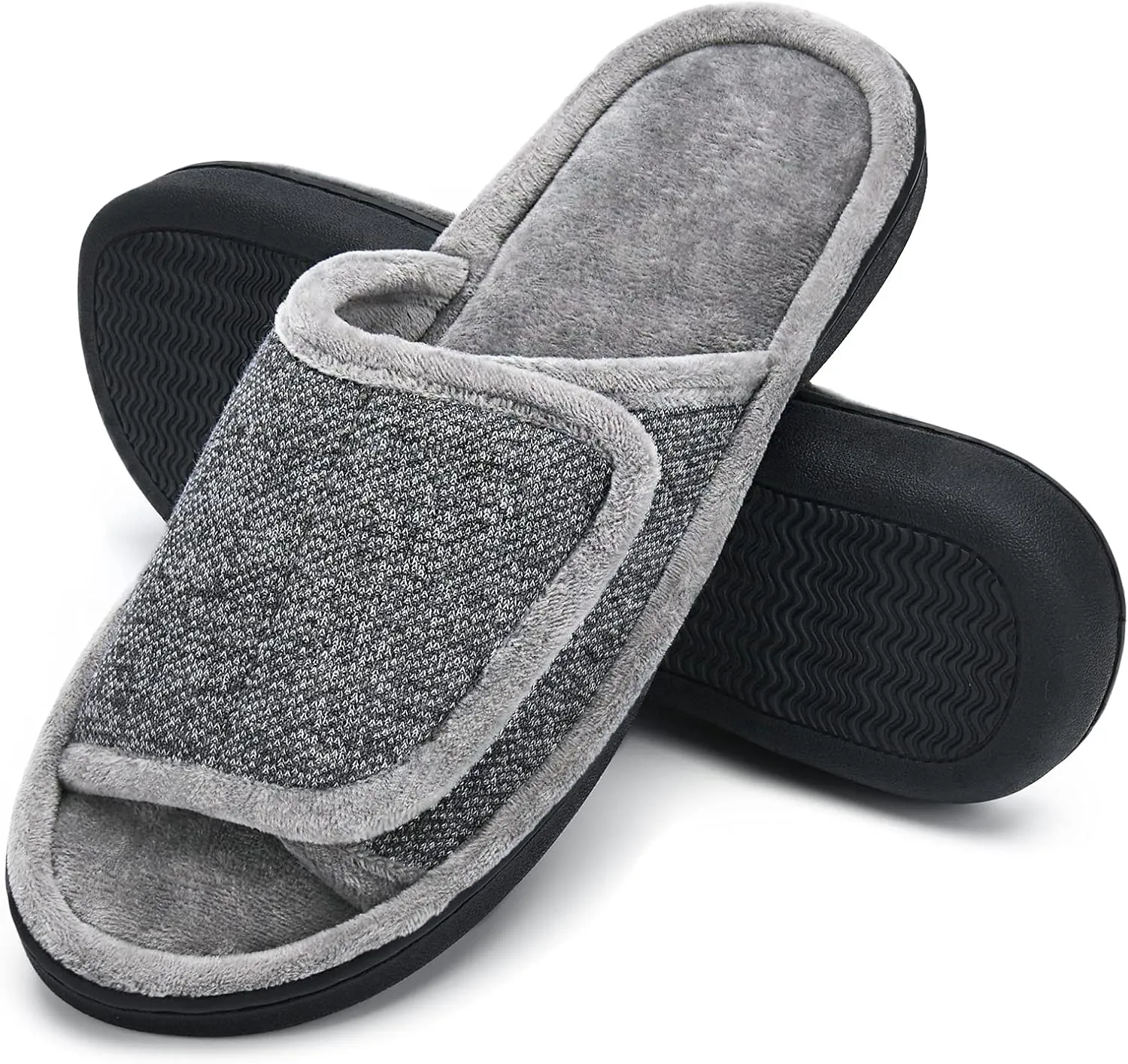 DL Men's Adjustable Memory Foam Slippers, Open Toe Comfy Indoor/Outdoor, Cozy Breathable Size 13-14 Gray