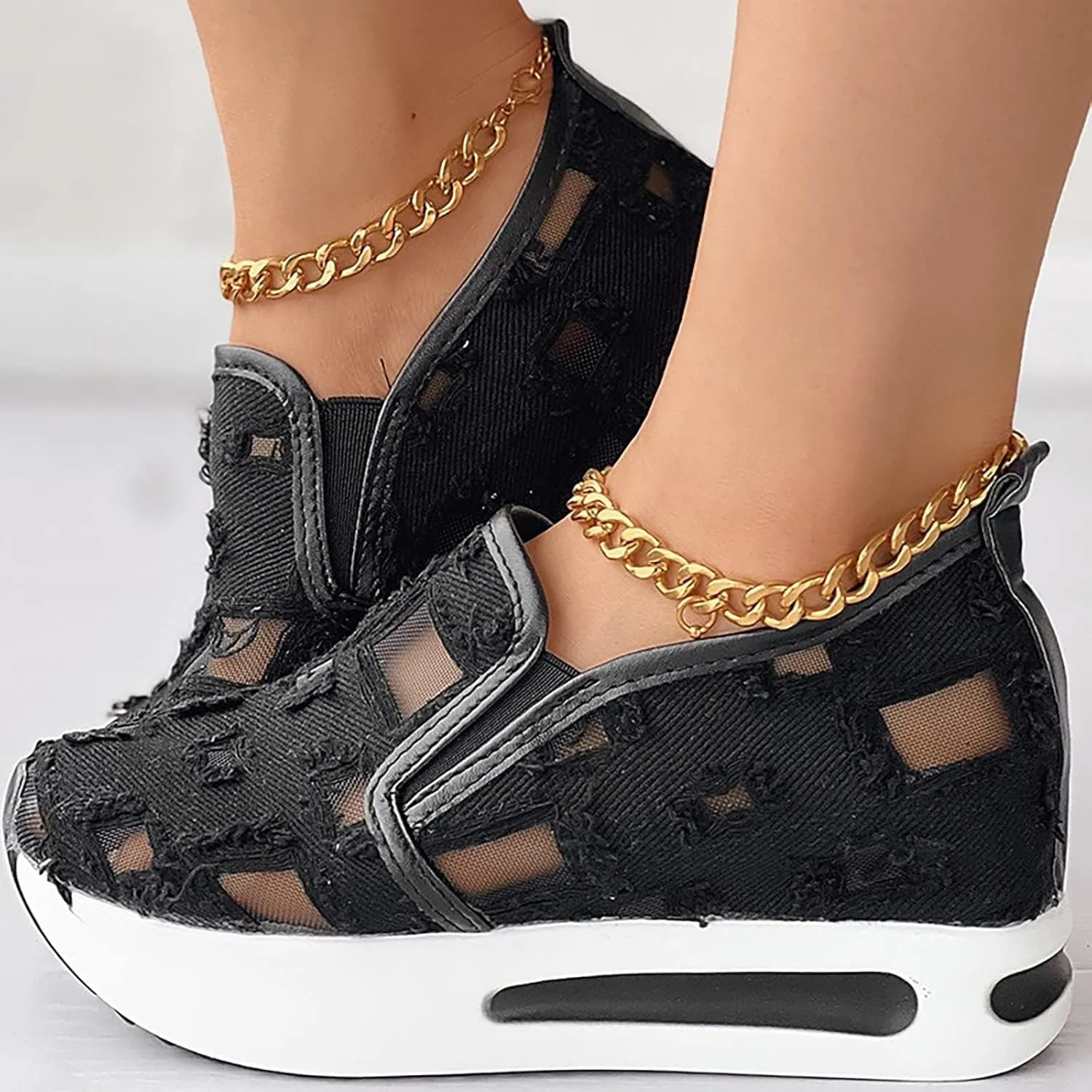 Fashion Sneakers for Women Platform Wedge Sneakers Fashion Embroidery Floral Mesh Air Comfort Chunky Sole Hidden High Heels Slip On Loafers Breathable Walking Work Shoes with Arch Support