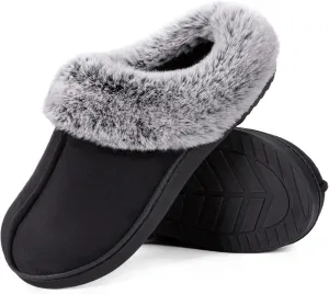 HomeTop Women's Classic Microsuede Memory Foam Slippers Durable Rubber Sole with Warm Faux Fur Collar