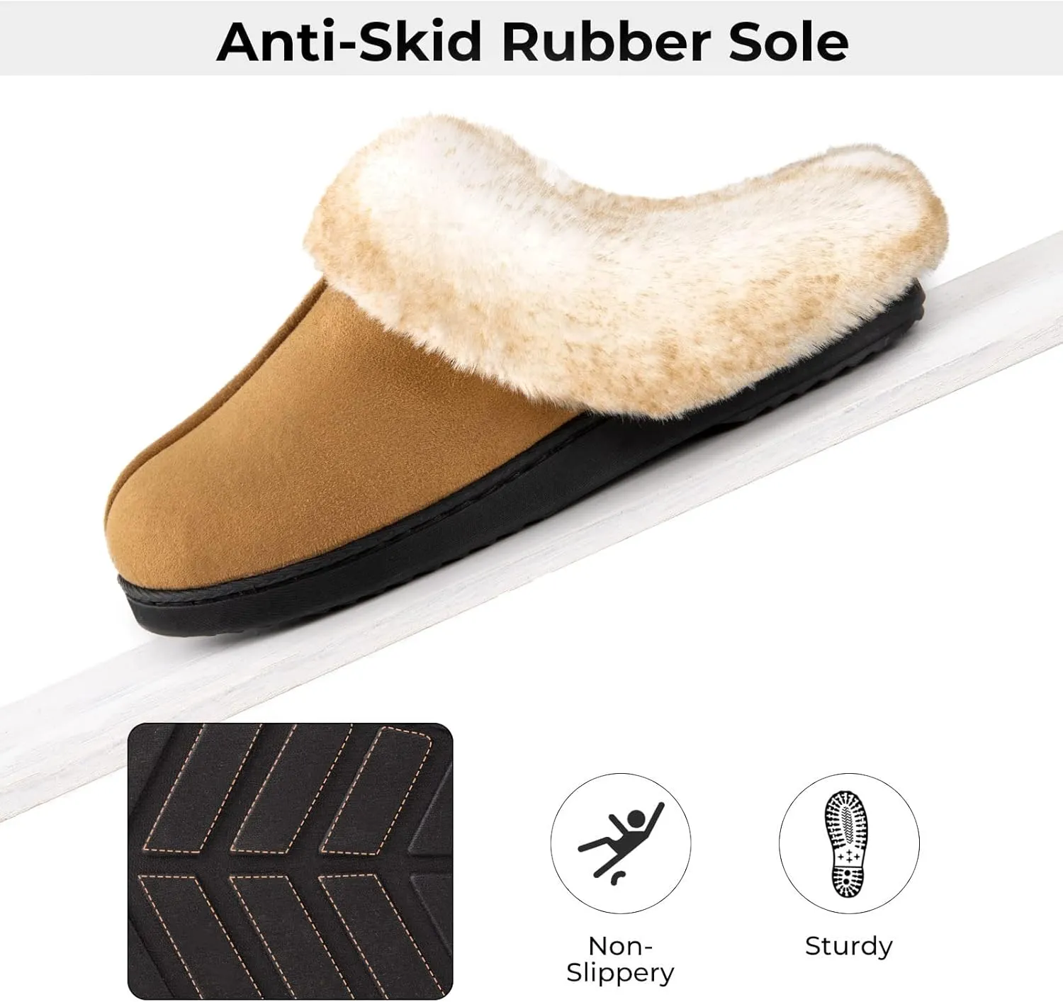 HomeTop Women's Classic Microsuede Memory Foam Slippers Durable Rubber Sole with Warm Faux Fur Collar