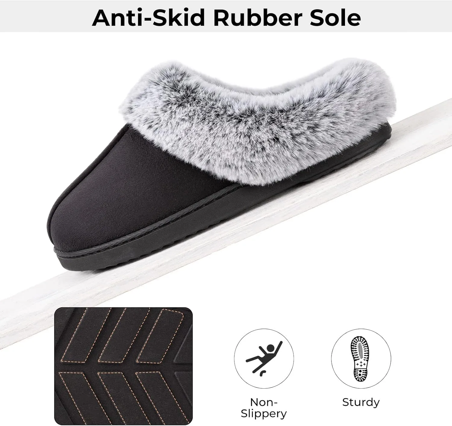 HomeTop Women's Classic Microsuede Memory Foam Slippers Durable Rubber Sole with Warm Faux Fur Collar