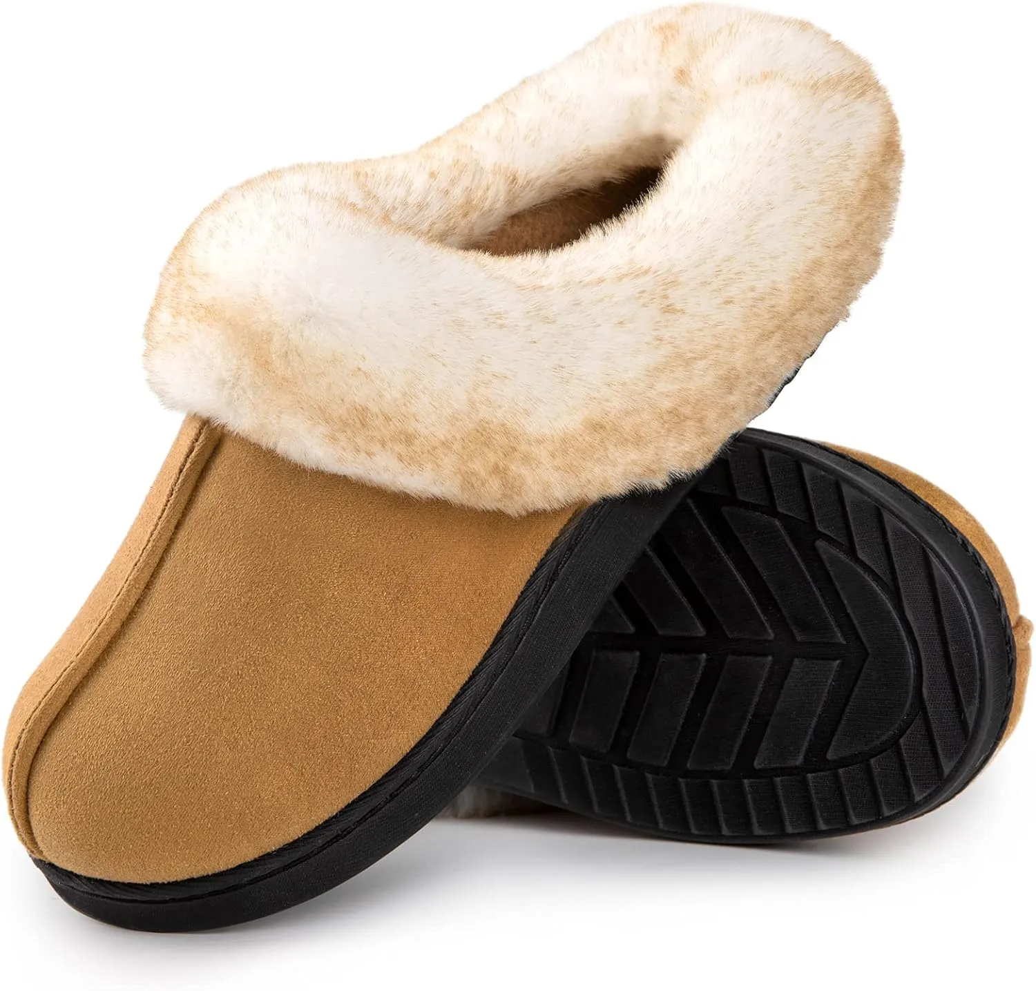 HomeTop Women's Classic Microsuede Memory Foam Slippers Durable Rubber Sole with Warm Faux Fur Collar