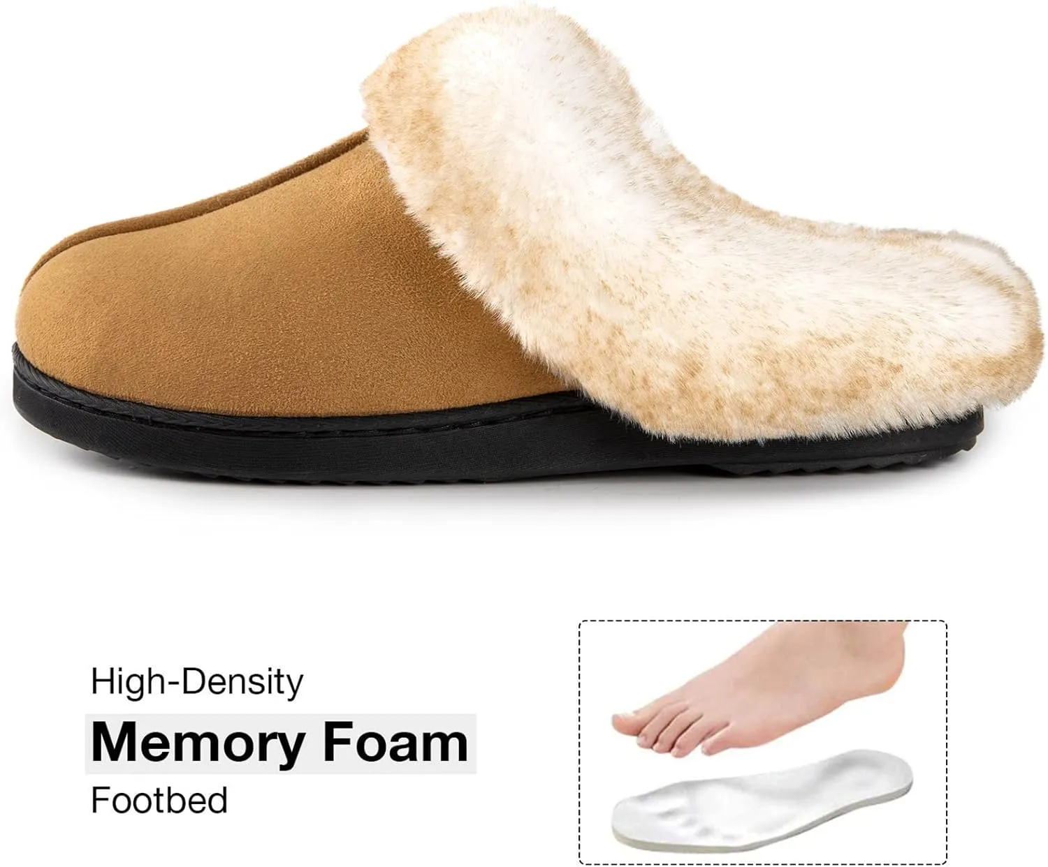 HomeTop Women's Classic Microsuede Memory Foam Slippers Durable Rubber Sole with Warm Faux Fur Collar