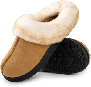 HomeTop Women's Classic Microsuede Memory Foam Slippers Durable Rubber Sole with Warm Faux Fur Collar