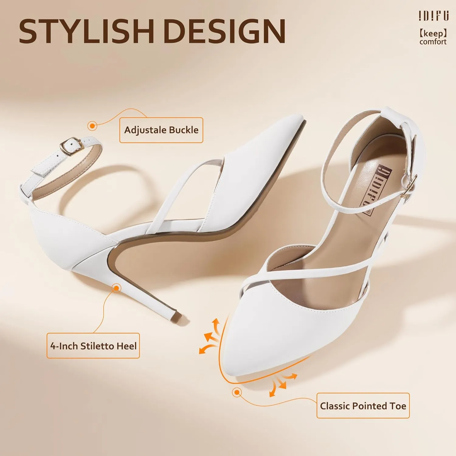 IDIFU IN4 Women's Pumps Closed Toe Heels Stiletto High Heels Dress Shoes for Women Wedding Prom Dressy Party Bridal Shoes Trendy Strappy Pointed Toe Ankle Strap Heels Pumps