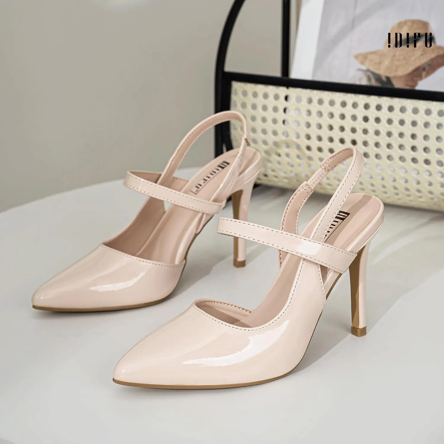 IDIFU IN4 Women's Pumps High Heels Strappy Closed Toe Stiletto Pointed Toe Slingback Dress Shoes for Women Wedding Prom Bridal Party Trendy Fashion Sexy Comfortable Pumps Dressy Shoes