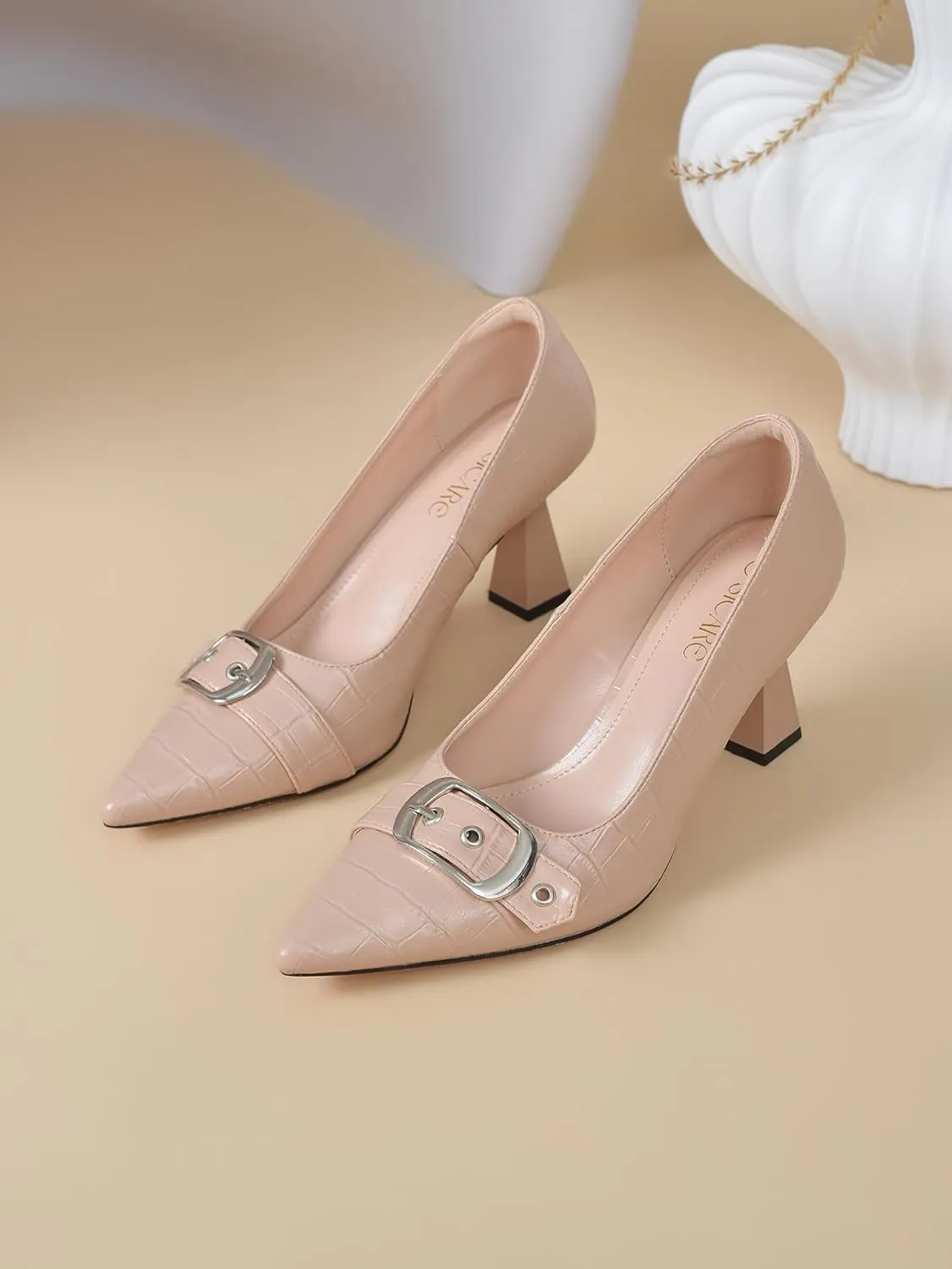 Kitten Heels for Women 3-Inch Closed Toe Pumps Dress Shoes Pointed Toe Buckle Strap Trendy Sexy Heels Comfortable Slip On Pumps Heels for Work Party Wedding