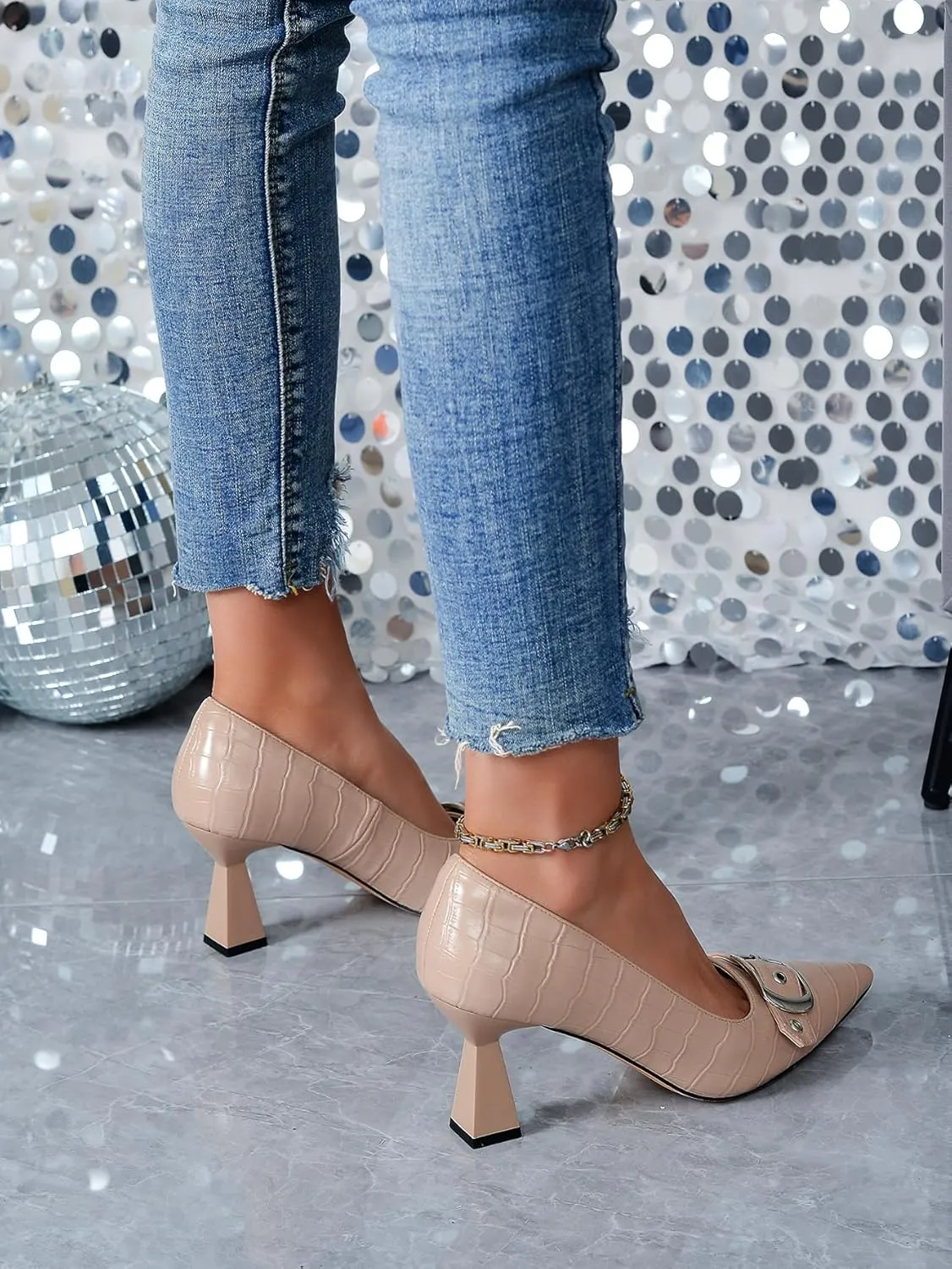 Kitten Heels for Women 3-Inch Closed Toe Pumps Dress Shoes Pointed Toe Buckle Strap Trendy Sexy Heels Comfortable Slip On Pumps Heels for Work Party Wedding