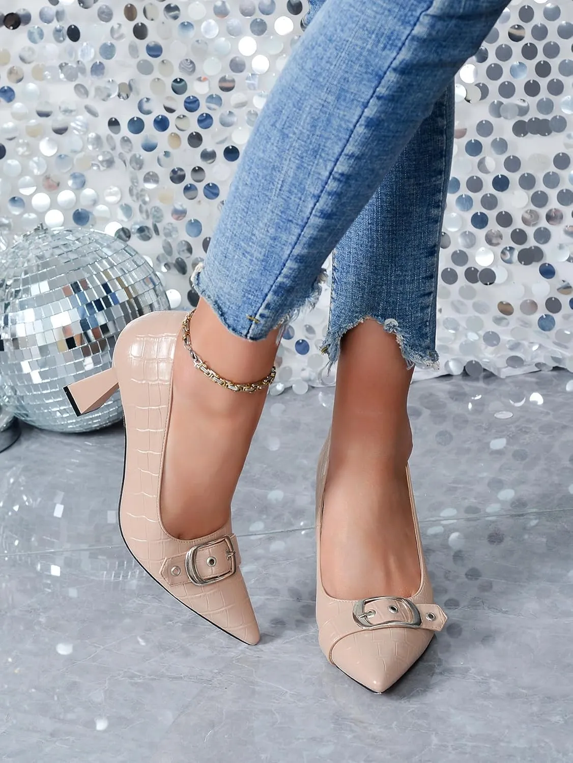 Kitten Heels for Women 3-Inch Closed Toe Pumps Dress Shoes Pointed Toe Buckle Strap Trendy Sexy Heels Comfortable Slip On Pumps Heels for Work Party Wedding