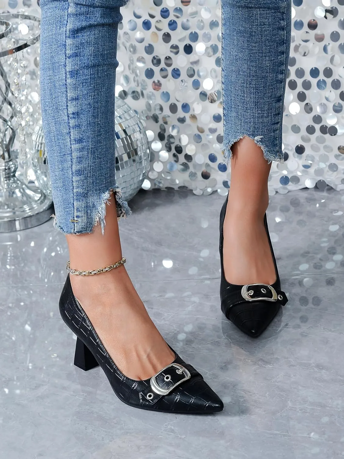 Kitten Heels for Women 3-Inch Closed Toe Pumps Dress Shoes Pointed Toe Buckle Strap Trendy Sexy Heels Comfortable Slip On Pumps Heels for Work Party Wedding