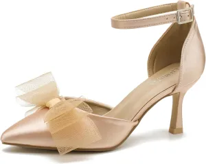 LIURUIJIA Women's Closed Toe Bow Heels Ankle Strap Pointed Toe Satin Low Heel Pumps Comfortable Wedding Bridal Party Prom Dress Shoes