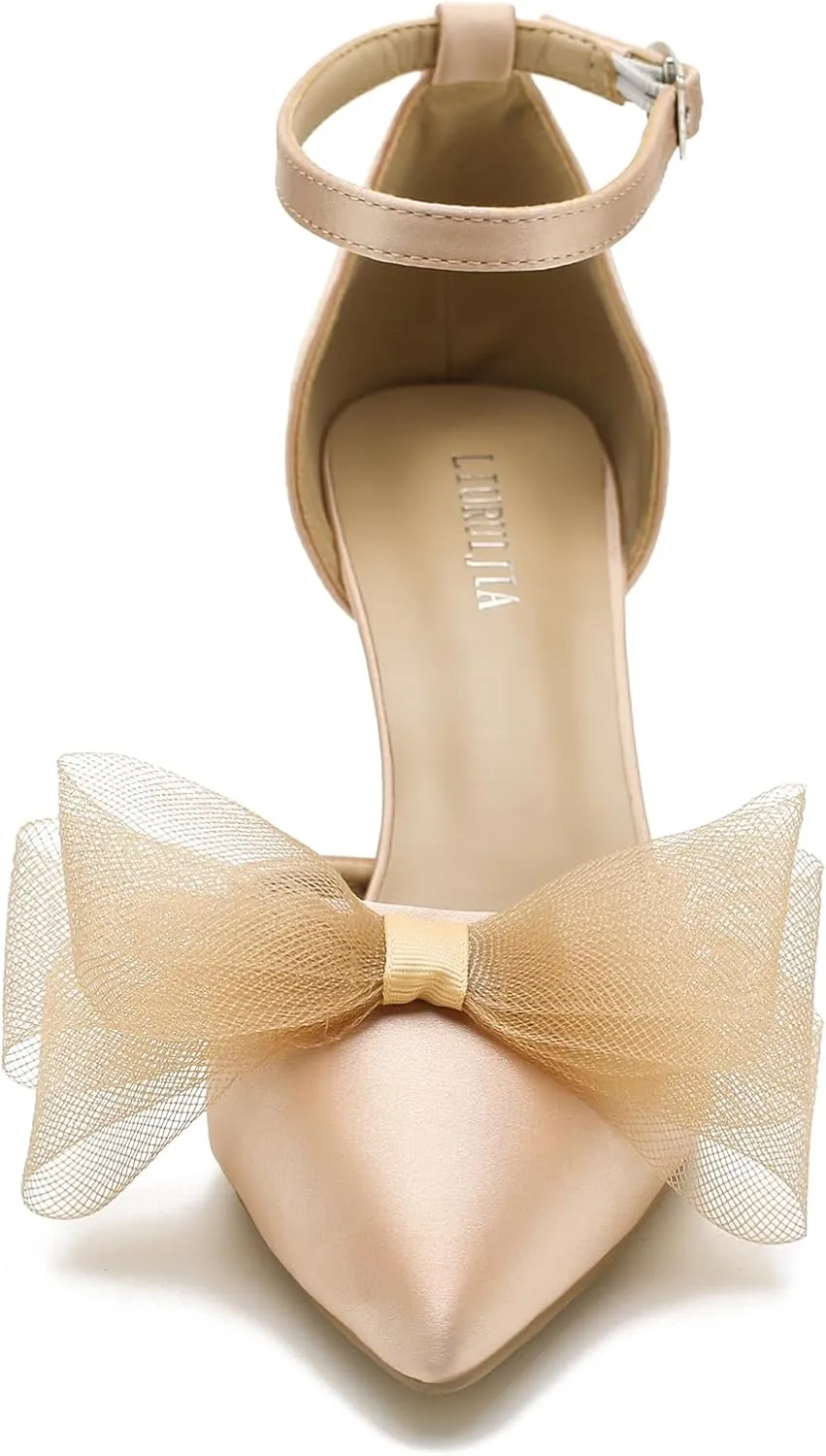 LIURUIJIA Women's Closed Toe Bow Heels Ankle Strap Pointed Toe Satin Low Heel Pumps Comfortable Wedding Bridal Party Prom Dress Shoes