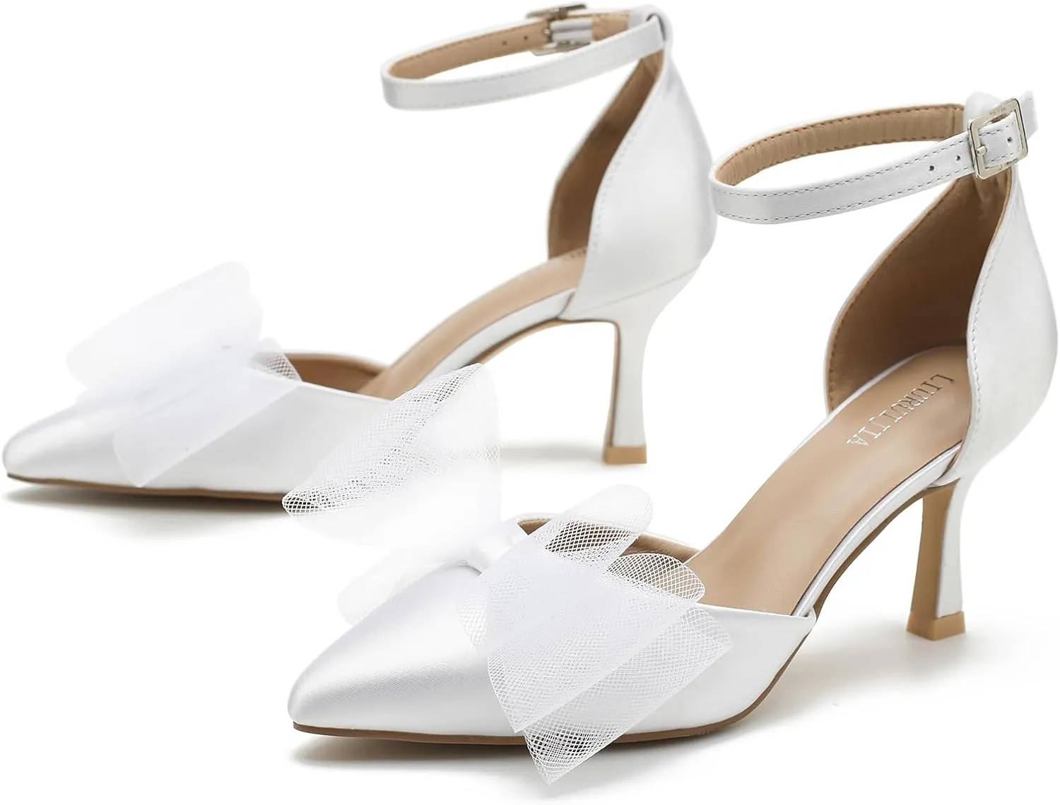 LIURUIJIA Women's Closed Toe Bow Heels Ankle Strap Pointed Toe Satin Low Heel Pumps Comfortable Wedding Bridal Party Prom Dress Shoes