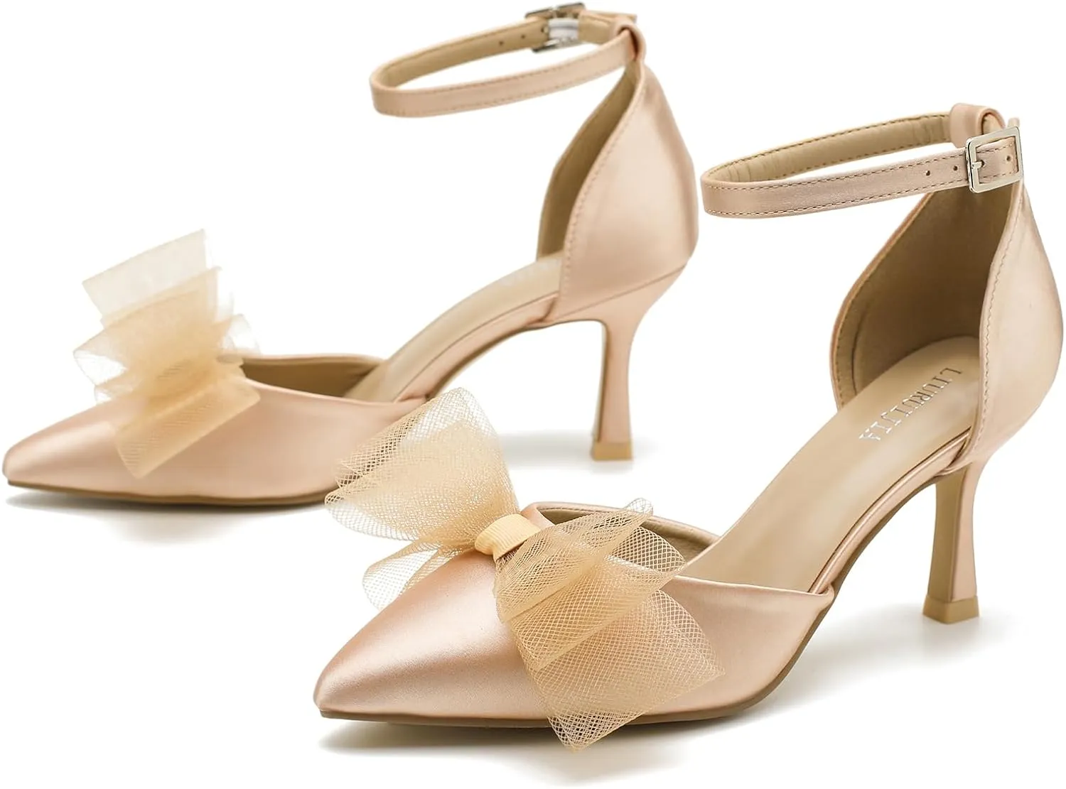 LIURUIJIA Women's Closed Toe Bow Heels Ankle Strap Pointed Toe Satin Low Heel Pumps Comfortable Wedding Bridal Party Prom Dress Shoes