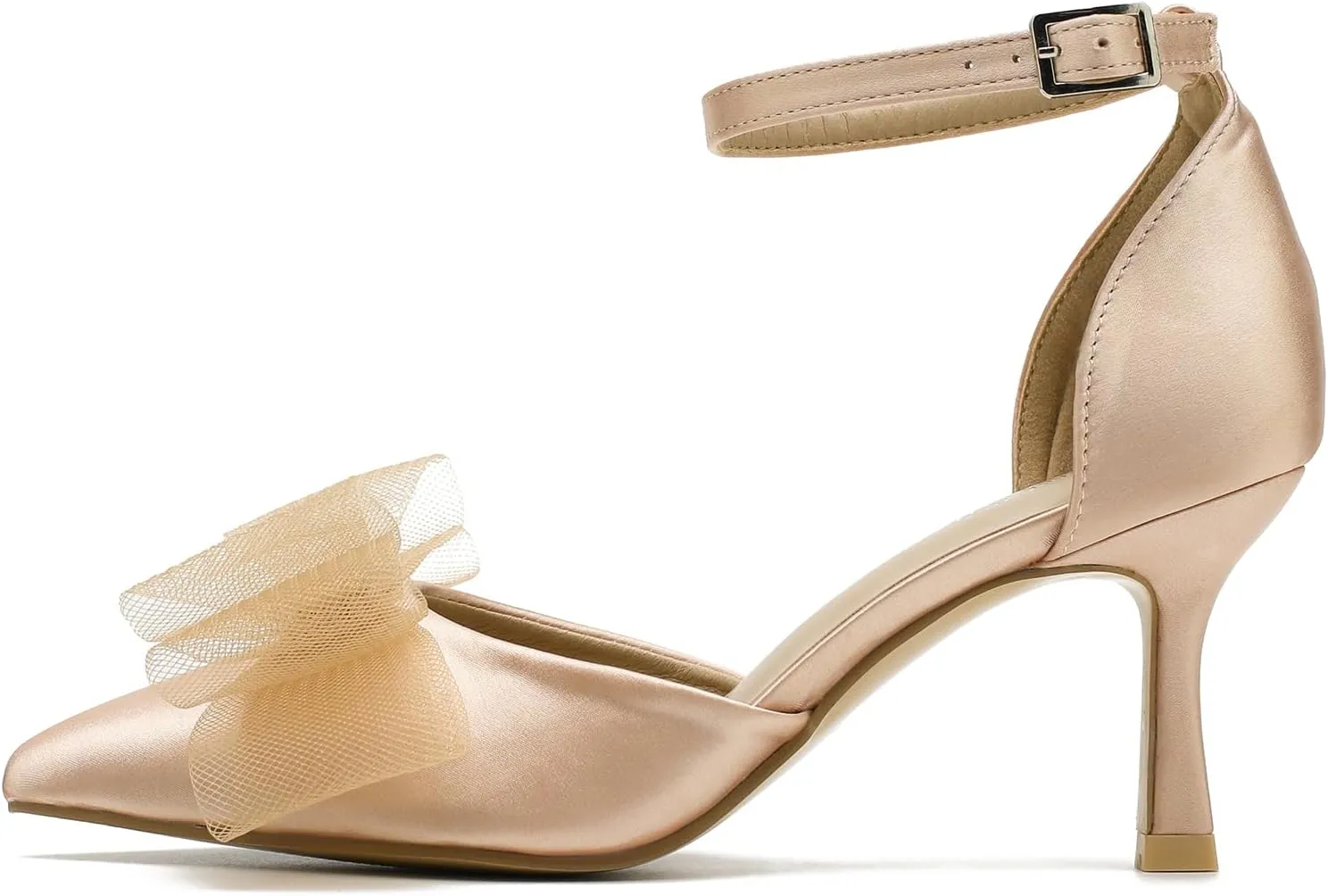 LIURUIJIA Women's Closed Toe Bow Heels Ankle Strap Pointed Toe Satin Low Heel Pumps Comfortable Wedding Bridal Party Prom Dress Shoes
