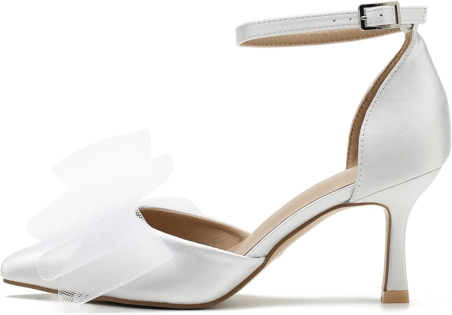 LIURUIJIA Women's Closed Toe Bow Heels Ankle Strap Pointed Toe Satin Low Heel Pumps Comfortable Wedding Bridal Party Prom Dress Shoes