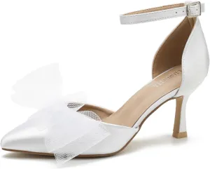 LIURUIJIA Women's Closed Toe Bow Heels Ankle Strap Pointed Toe Satin Low Heel Pumps Comfortable Wedding Bridal Party Prom Dress Shoes