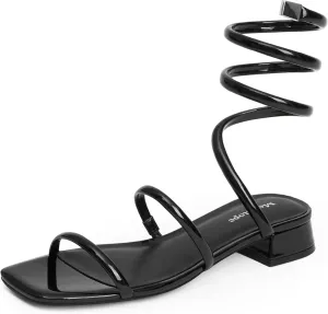 Modatope Two Strap Square Open Toe Strappy Sandals Low Block Heels Spiral Ankle Warp Strap Gladiator Sandals