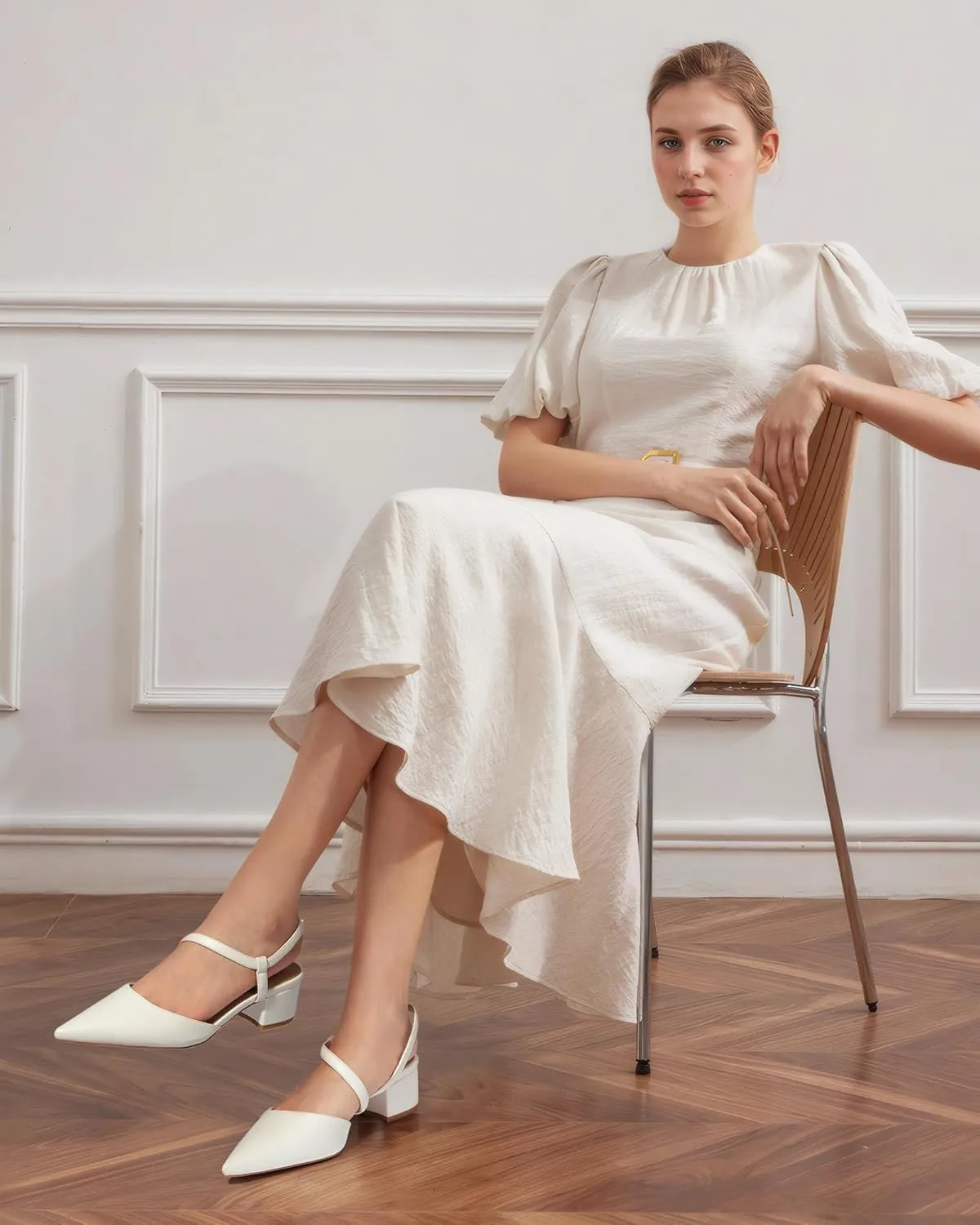 MUCCCUTE Heels for Women Closed Toe Pumps - Black White Nude Elegant Slingback Pointed Toe Chunky Heels Block Low Heel Dress Dressy Shoes for Party Wedding Business Office
