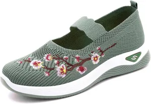 Orthopedic Shoes for Women Fashion Floral Embroidery Walking Shoes Arch Support Mesh Breathable Arch Support Slip-On Light Air Cushion Orthopedic Sneakers Diabetic Shoe