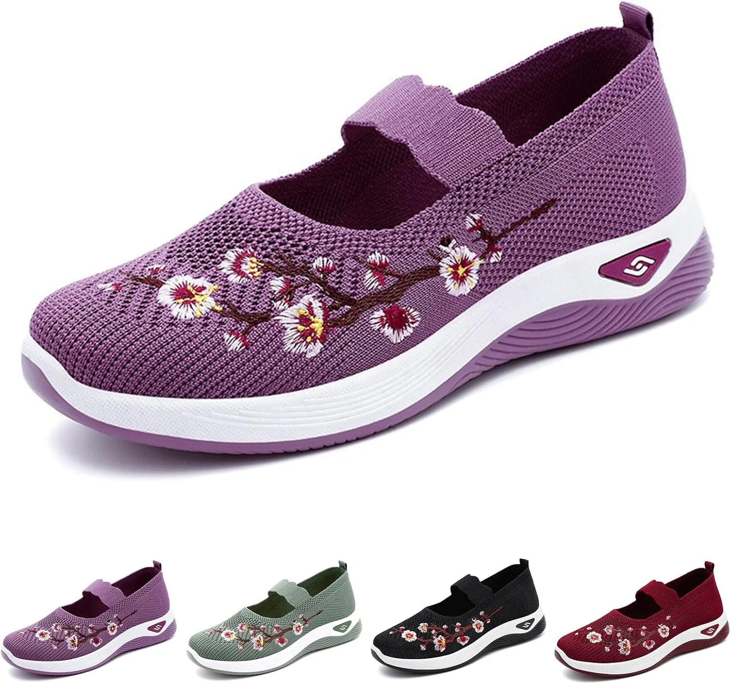 Orthopedic Shoes for Women Fashion Floral Embroidery Walking Shoes Arch Support Mesh Breathable Arch Support Slip-On Light Air Cushion Orthopedic Sneakers Diabetic Shoe