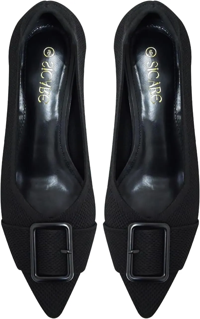Pointed Toe Chunky Heels for Women Closed Toe Block Heels Pumps Buckle Strap Stretchy Knit Heels Comfortable Slip On Pumps Dress Shoes for Work Wedding Daily Wear