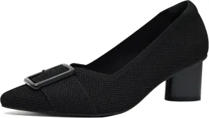 Pointed Toe Chunky Heels for Women Closed Toe Block Heels Pumps Buckle Strap Stretchy Knit Heels Comfortable Slip On Pumps Dress Shoes for Work Wedding Daily Wear