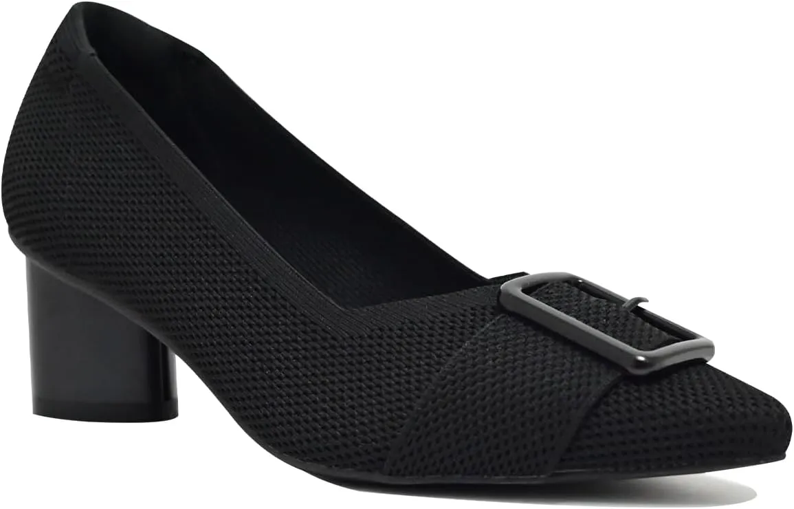 Pointed Toe Chunky Heels for Women Closed Toe Block Heels Pumps Buckle Strap Stretchy Knit Heels Comfortable Slip On Pumps Dress Shoes for Work Wedding Daily Wear