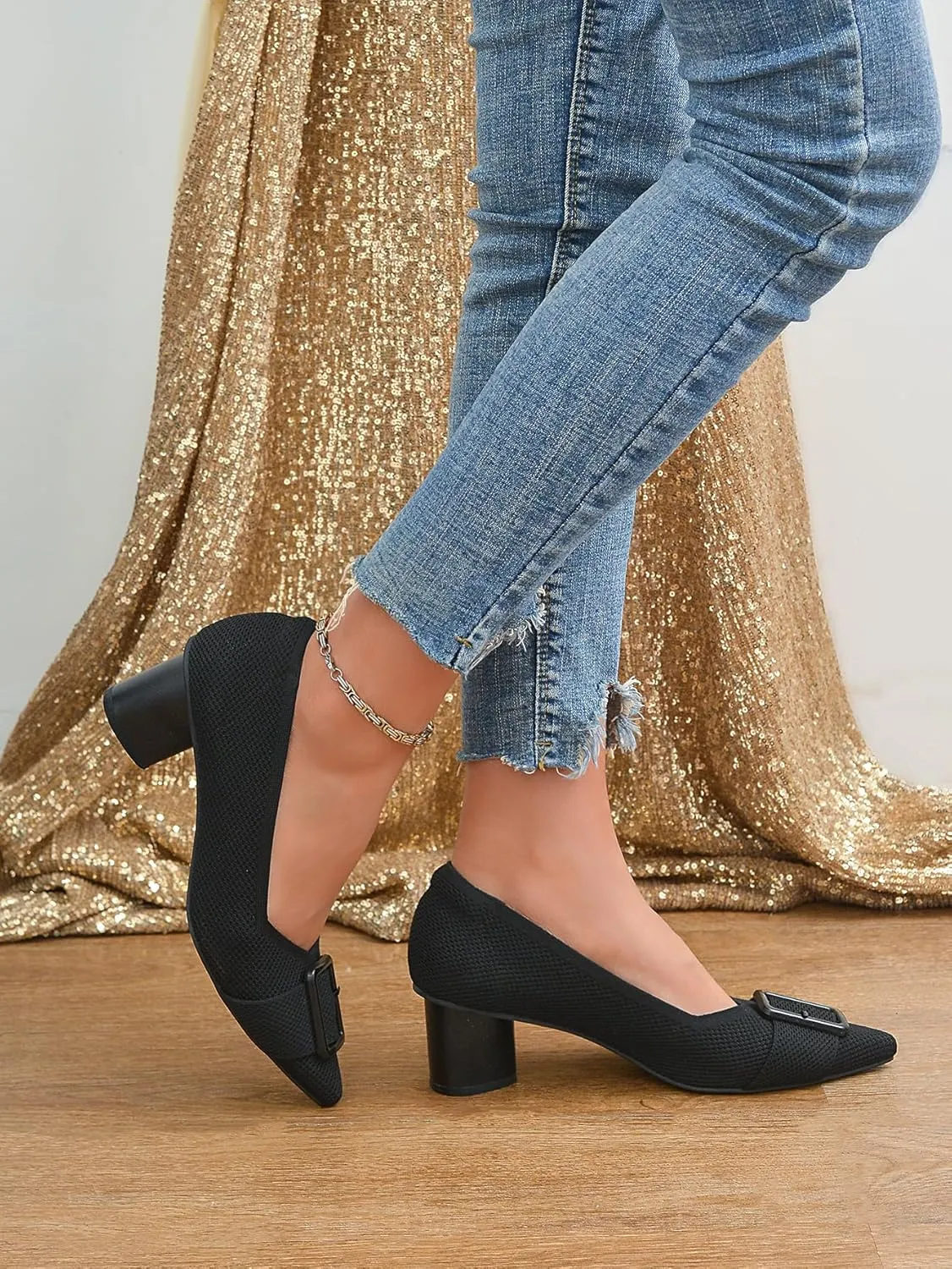 Pointed Toe Chunky Heels for Women Closed Toe Block Heels Pumps Buckle Strap Stretchy Knit Heels Comfortable Slip On Pumps Dress Shoes for Work Wedding Daily Wear