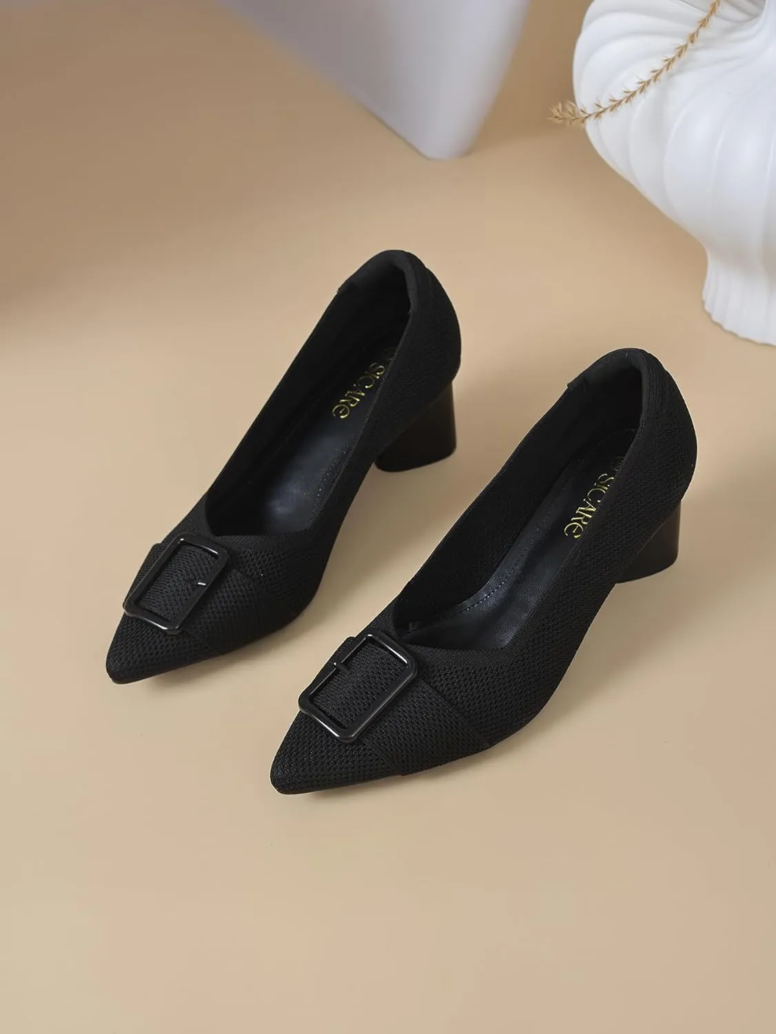 Pointed Toe Chunky Heels for Women Closed Toe Block Heels Pumps Buckle Strap Stretchy Knit Heels Comfortable Slip On Pumps Dress Shoes for Work Wedding Daily Wear