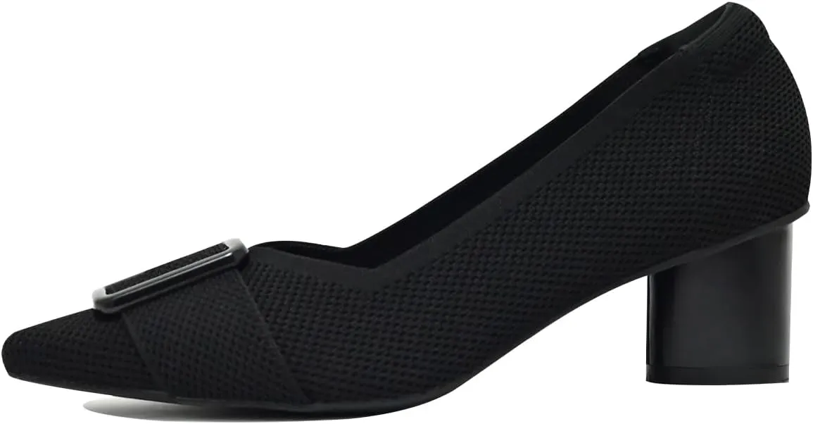 Pointed Toe Chunky Heels for Women Closed Toe Block Heels Pumps Buckle Strap Stretchy Knit Heels Comfortable Slip On Pumps Dress Shoes for Work Wedding Daily Wear