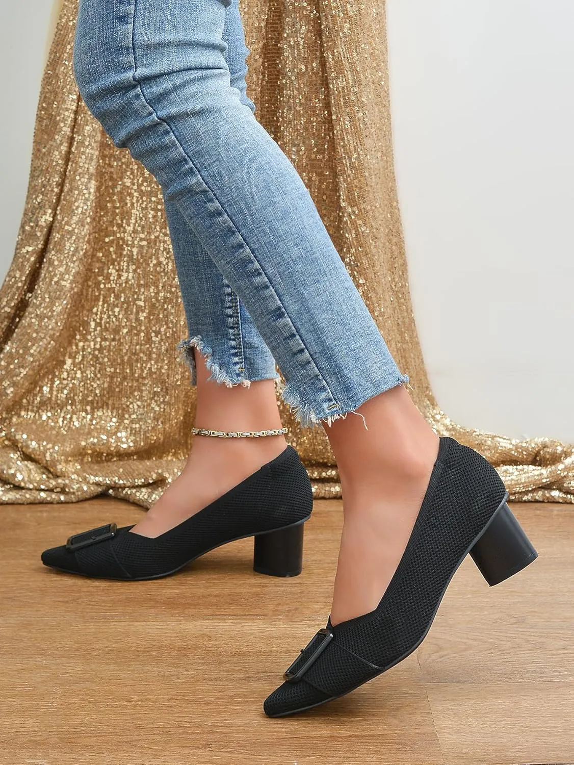 Pointed Toe Chunky Heels for Women Closed Toe Block Heels Pumps Buckle Strap Stretchy Knit Heels Comfortable Slip On Pumps Dress Shoes for Work Wedding Daily Wear