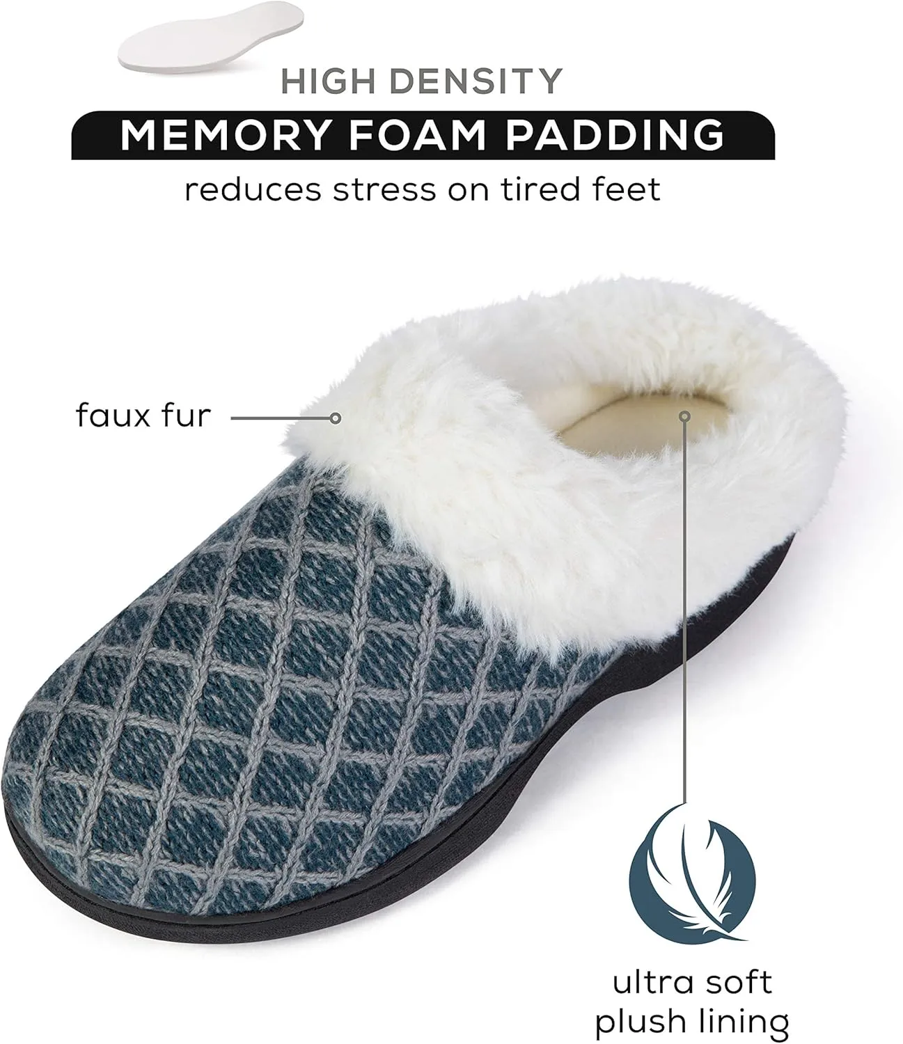 Roxoni Womens Cozy Memory Foam Slippers, Fuzzy Warm Faux Fur, Indoor Outdoor Rubber Sole
