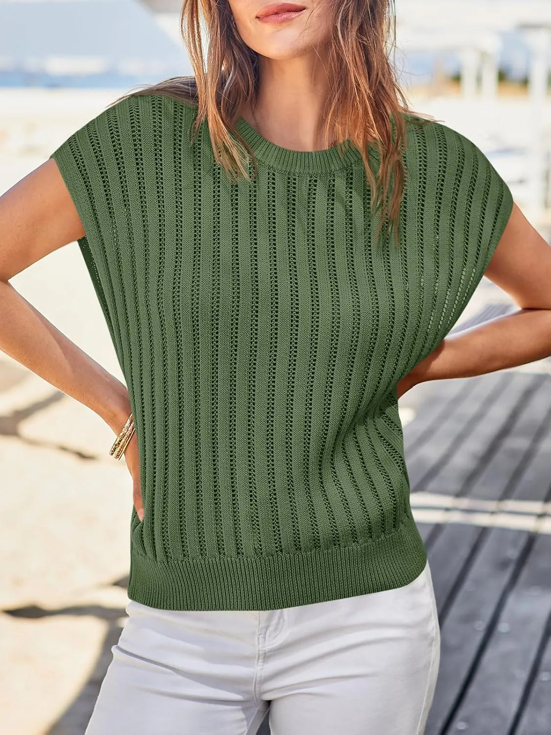 Saodimallsu Womens Summer Crochet Sweater Vest Cap Sleeve Knit Tops Casual Crewneck Sleeveless Sweaters