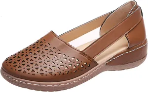 Slip On Loafers for Women Comfortable Leather Hollow Out Ballet Flats Vintage Round Toe Low Heels Orthopedic Sandals