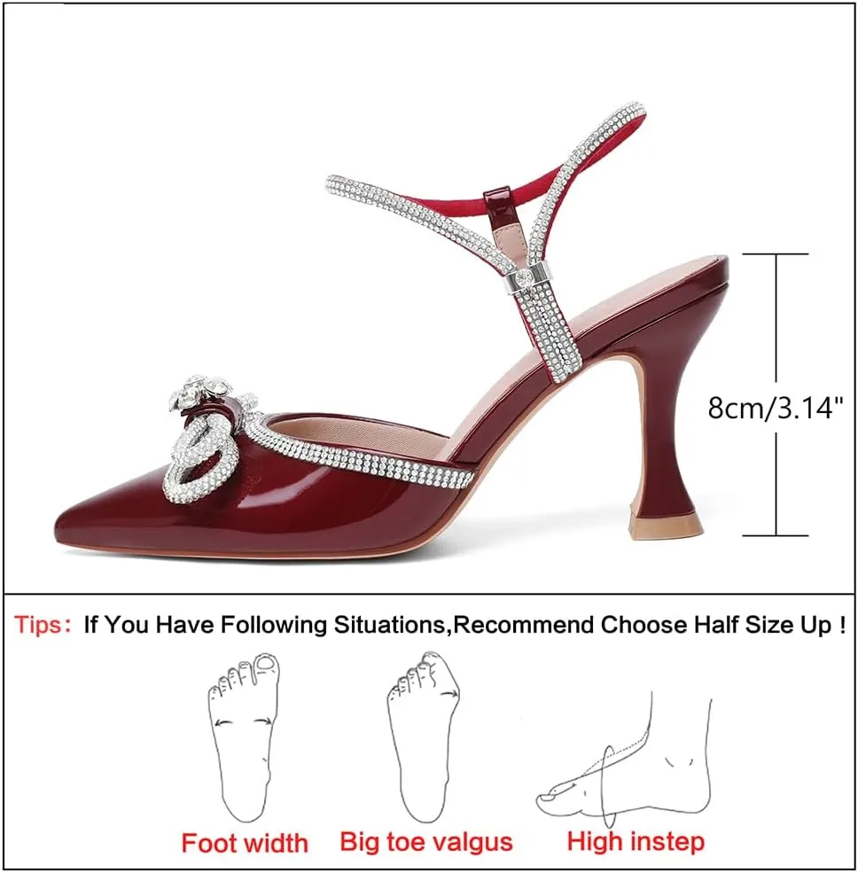 Susanny Women's Closed Toe Rhinstone Wedding Low Heel Slingback Clear Kitten Heels,Adjustable Strap Pointed Toe Bow Pumps High Heeled Prom Dress Shoes
