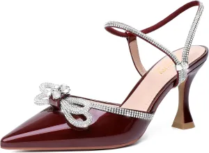 Susanny Women's Closed Toe Rhinstone Wedding Low Heel Slingback Clear Kitten Heels,Adjustable Strap Pointed Toe Bow Pumps High Heeled Prom Dress Shoes