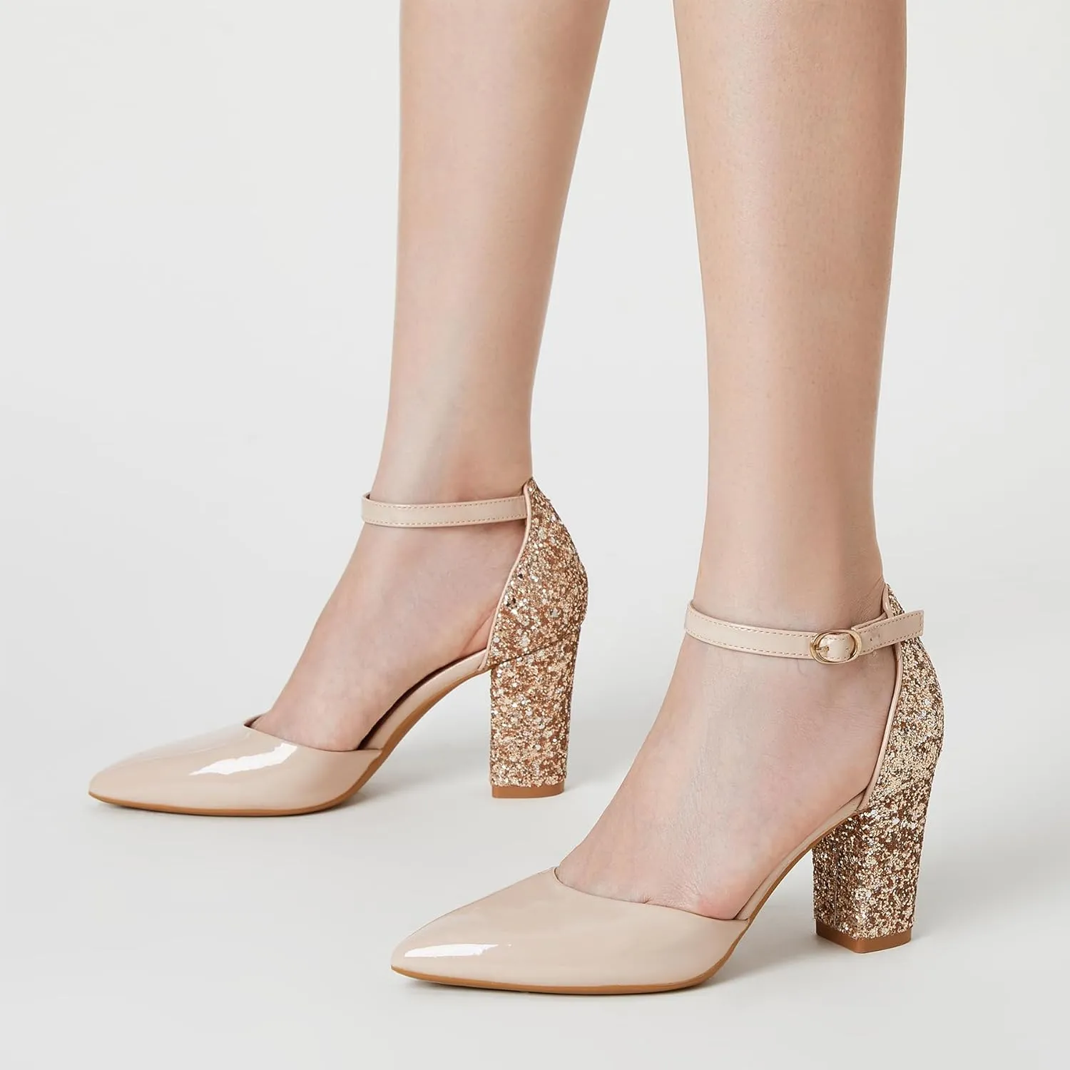 Trary Women's Pointed Toe Pumps,Ankle Strap Buckle Closed Toe Chunky Block Heel Pumps,Dress Office Wedding Party Shoes for Women