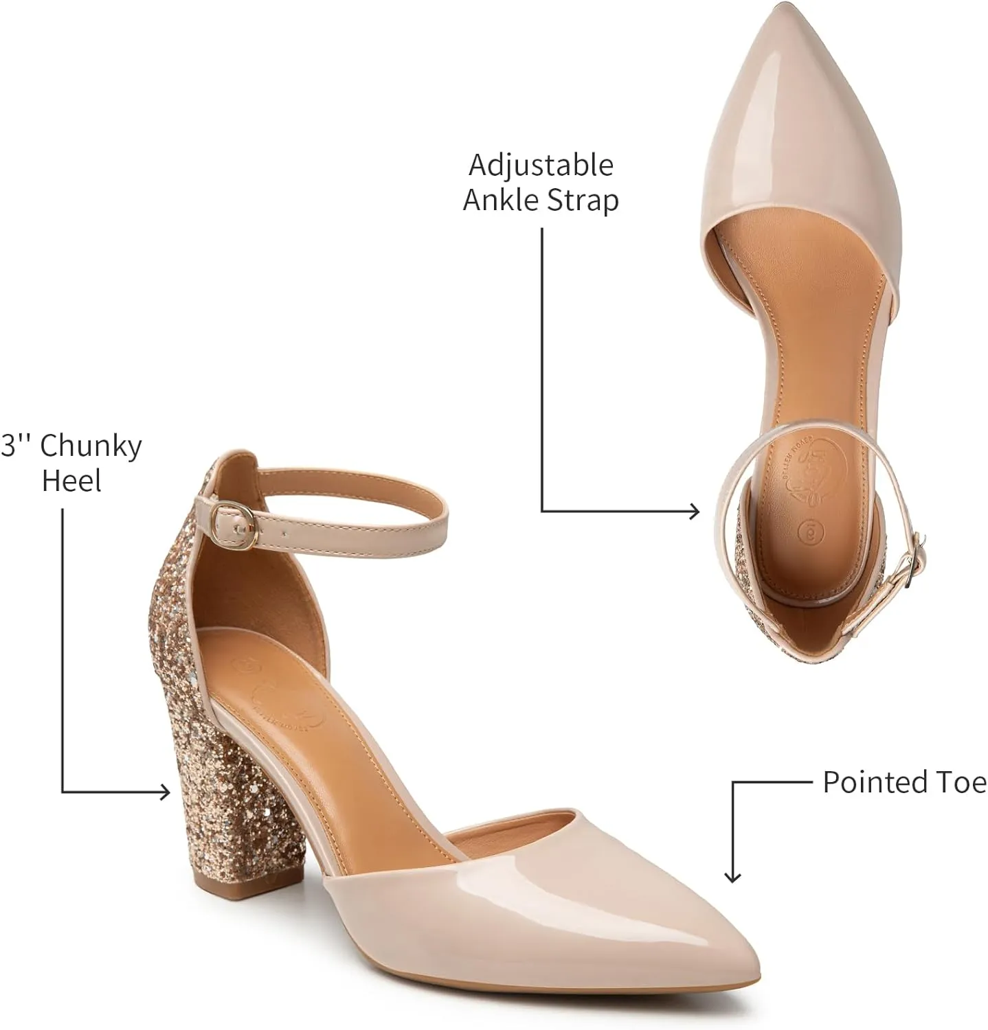 Trary Women's Pointed Toe Pumps,Ankle Strap Buckle Closed Toe Chunky Block Heel Pumps,Dress Office Wedding Party Shoes for Women