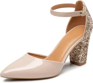 Trary Women's Pointed Toe Pumps,Ankle Strap Buckle Closed Toe Chunky Block Heel Pumps,Dress Office Wedding Party Shoes for Women