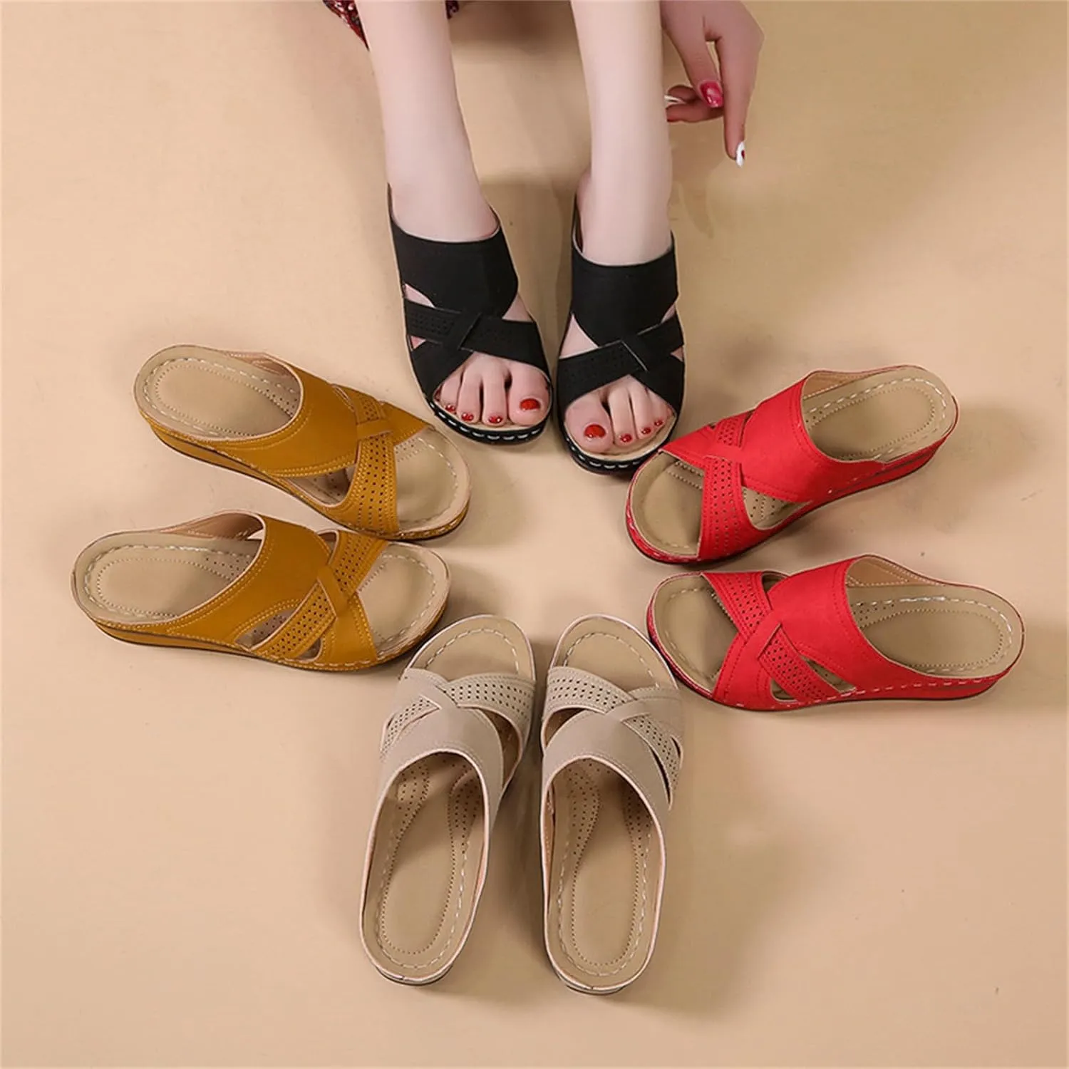 Wedge Heel Shoes for Women Dressy Sandals Low Heel Slip On Summer Comfortable Slides Sandals Lightweight Memory Foam Platform Shoes