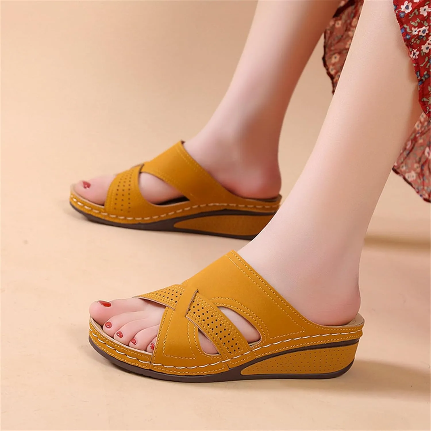 Wedge Heel Shoes for Women Dressy Sandals Low Heel Slip On Summer Comfortable Slides Sandals Lightweight Memory Foam Platform Shoes