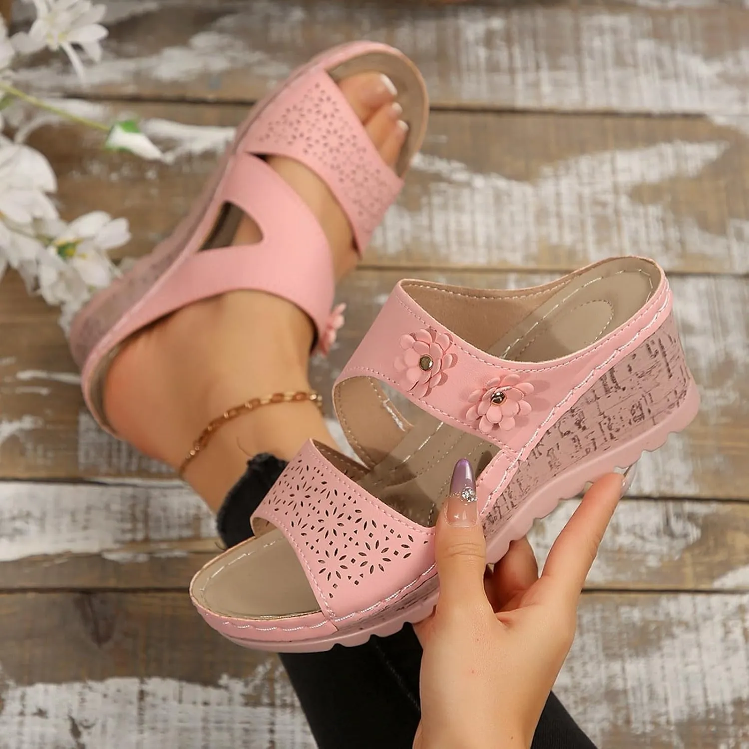 Wedge Sandals for Women Casual Summer Hollow Flowers Open Toe Orthopedic Sandals Comfortable Arch Support Slip on Slippers Beach Shoes