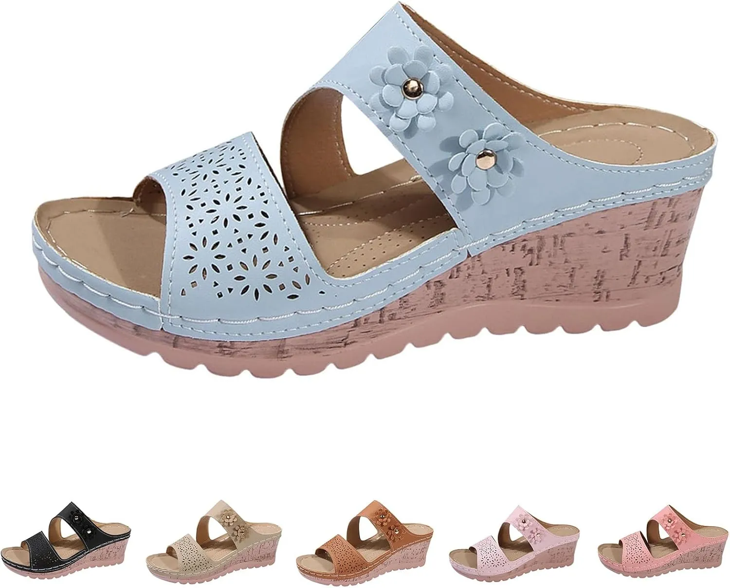 Wedge Sandals for Women Casual Summer Hollow Flowers Open Toe Orthopedic Sandals Comfortable Arch Support Slip on Slippers Beach Shoes