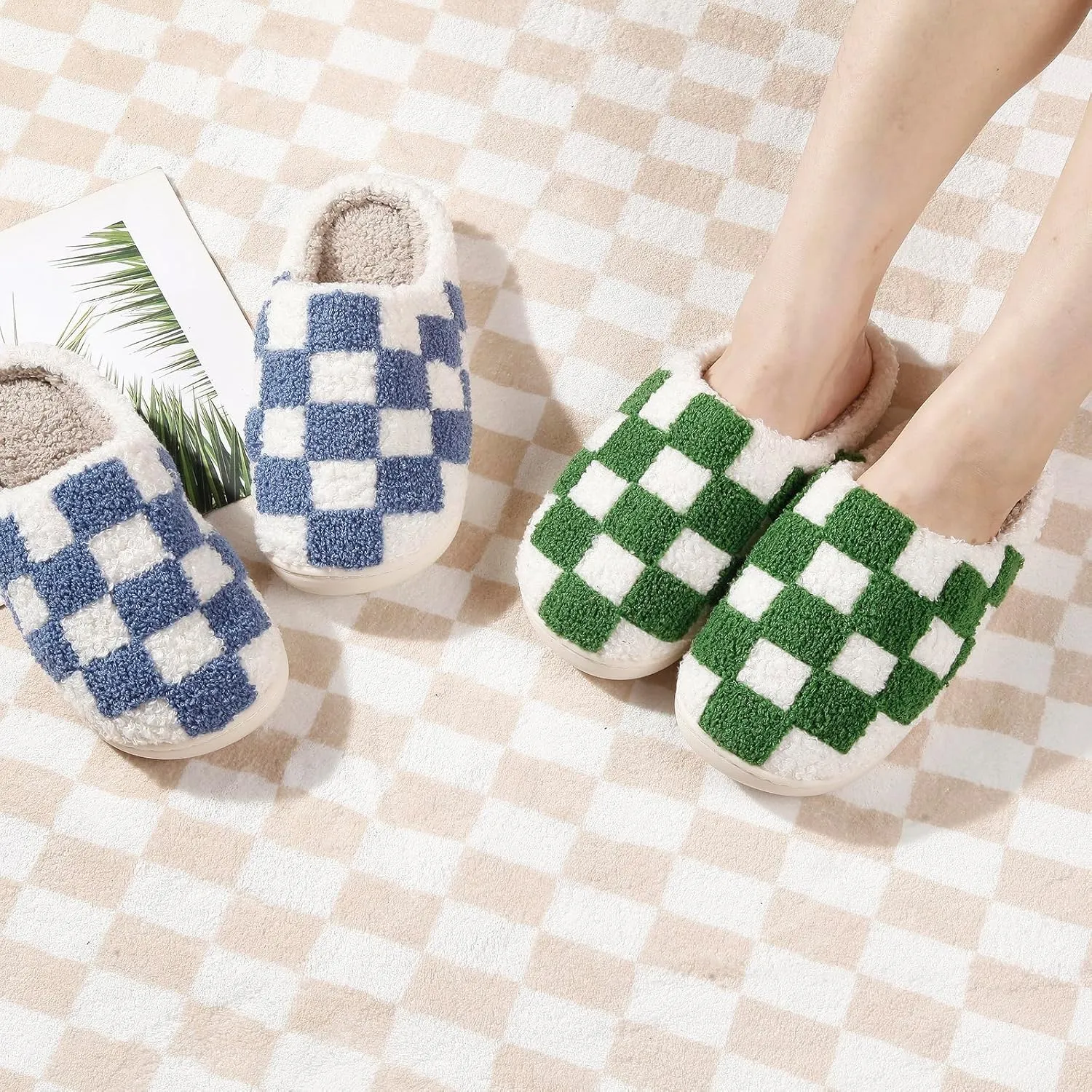 Women's and Men's Fuzzy Checkered Memory Foam Slippers - Fluffy Couple Cozy House Indoor Outdoor Shoes